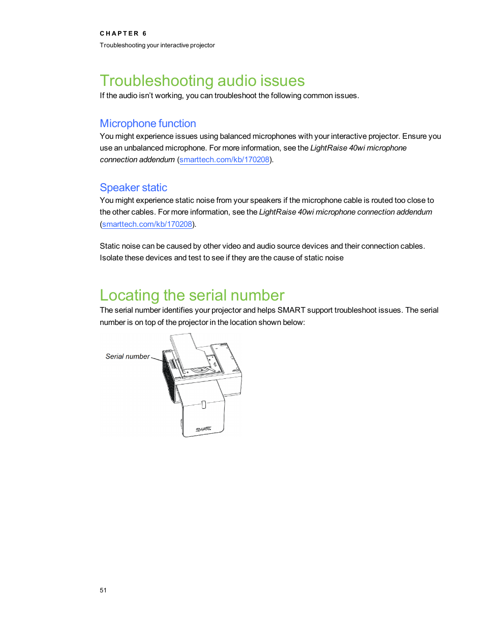 Troubleshooting audio issues, Microphone function, Speaker static | Locating the serial number | Smart Technologies LightRaise 40wi User Manual | Page 57 / 86