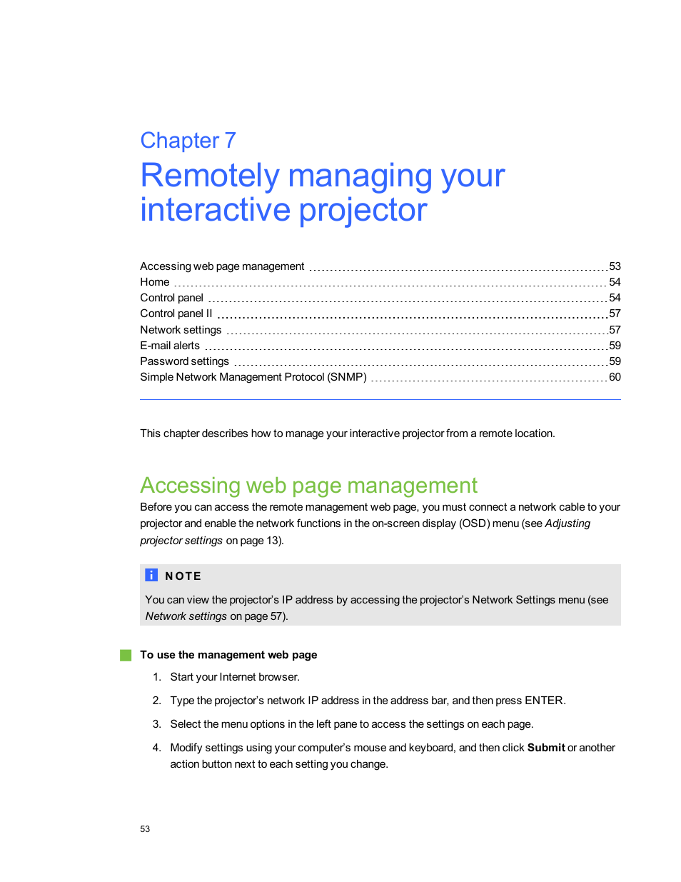 Accessing web page management, Chapter 7 | Smart Technologies LightRaise 40wi User Manual | Page 59 / 86