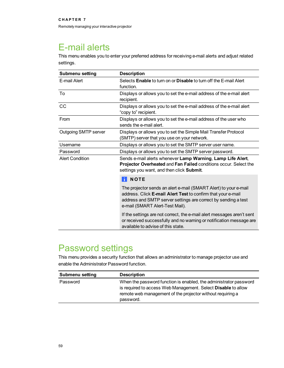 E-mail alerts, Password settings, E-mail | Smart Technologies LightRaise 40wi User Manual | Page 65 / 86