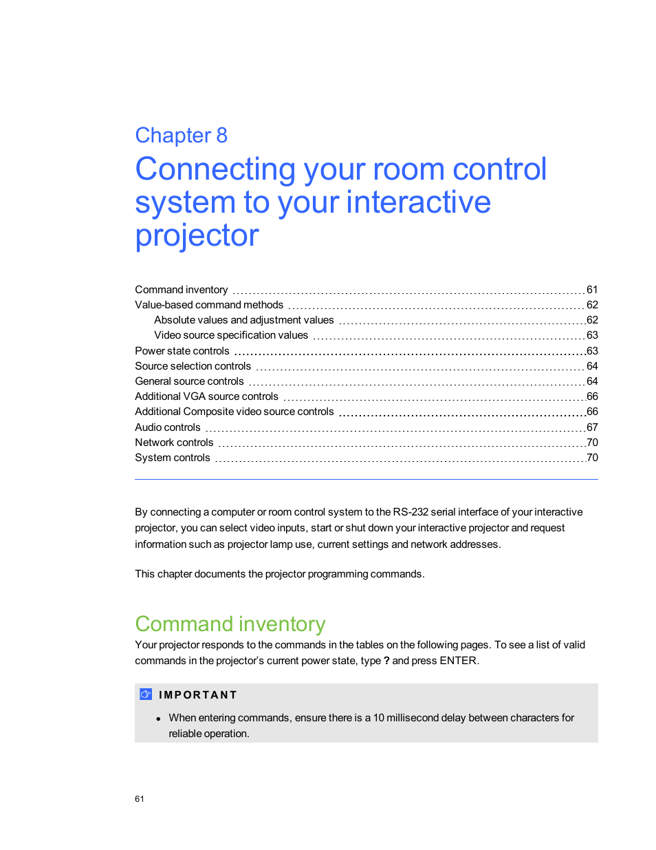 Command inventory, Chapter 8 | Smart Technologies LightRaise 40wi User Manual | Page 67 / 86