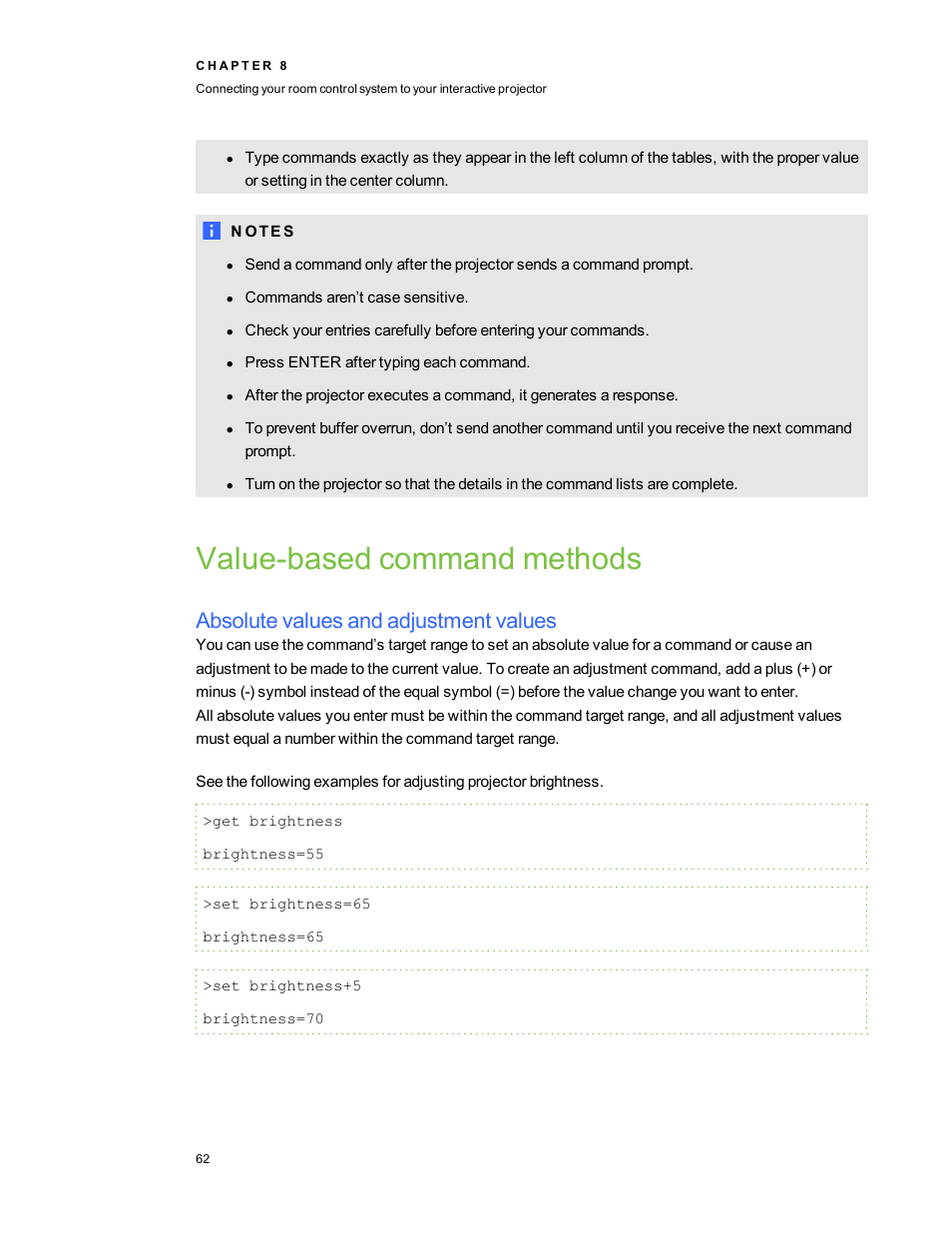 Value-based command methods, Absolute values and adjustment values | Smart Technologies LightRaise 40wi User Manual | Page 68 / 86