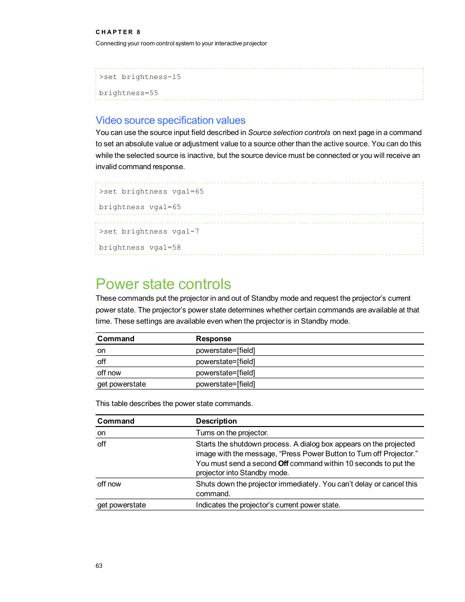 Video source specification values, Power state controls | Smart Technologies LightRaise 40wi User Manual | Page 69 / 86