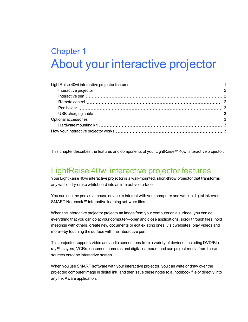 Chapter 1: about your interactive projector, Lightraise 40wi interactive projector features, Chapter 1 | Smart Technologies LightRaise 40wi User Manual | Page 7 / 86