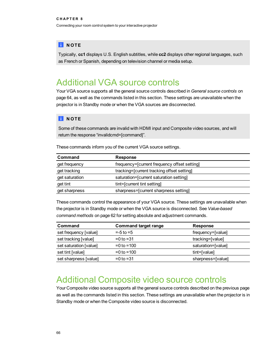 Additional vga source controls, Additional composite video source controls | Smart Technologies LightRaise 40wi User Manual | Page 72 / 86