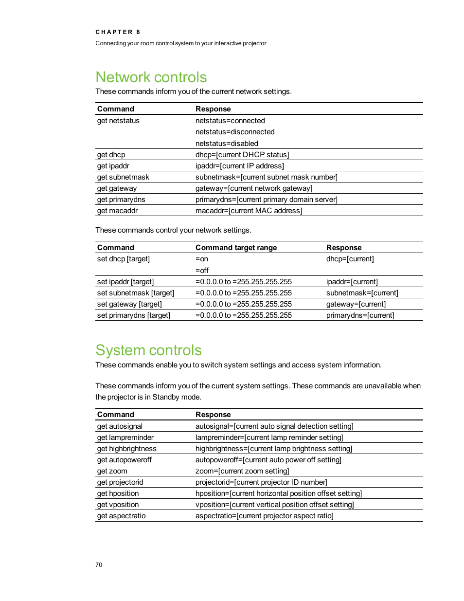 Network controls, System controls | Smart Technologies LightRaise 40wi User Manual | Page 76 / 86