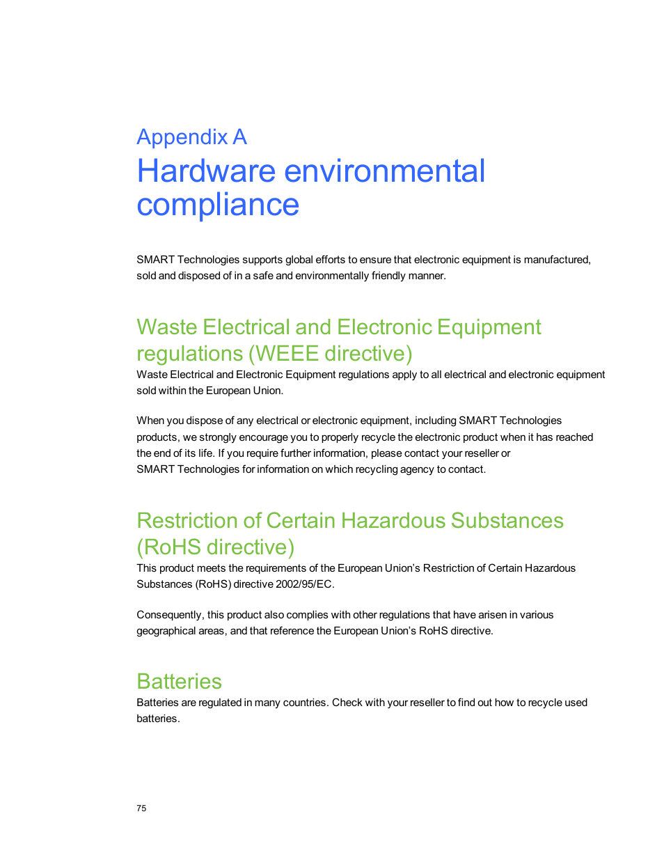 Appendix a: hardware environmental compliance, Batteries, Appendix a | Smart Technologies LightRaise 40wi User Manual | Page 81 / 86