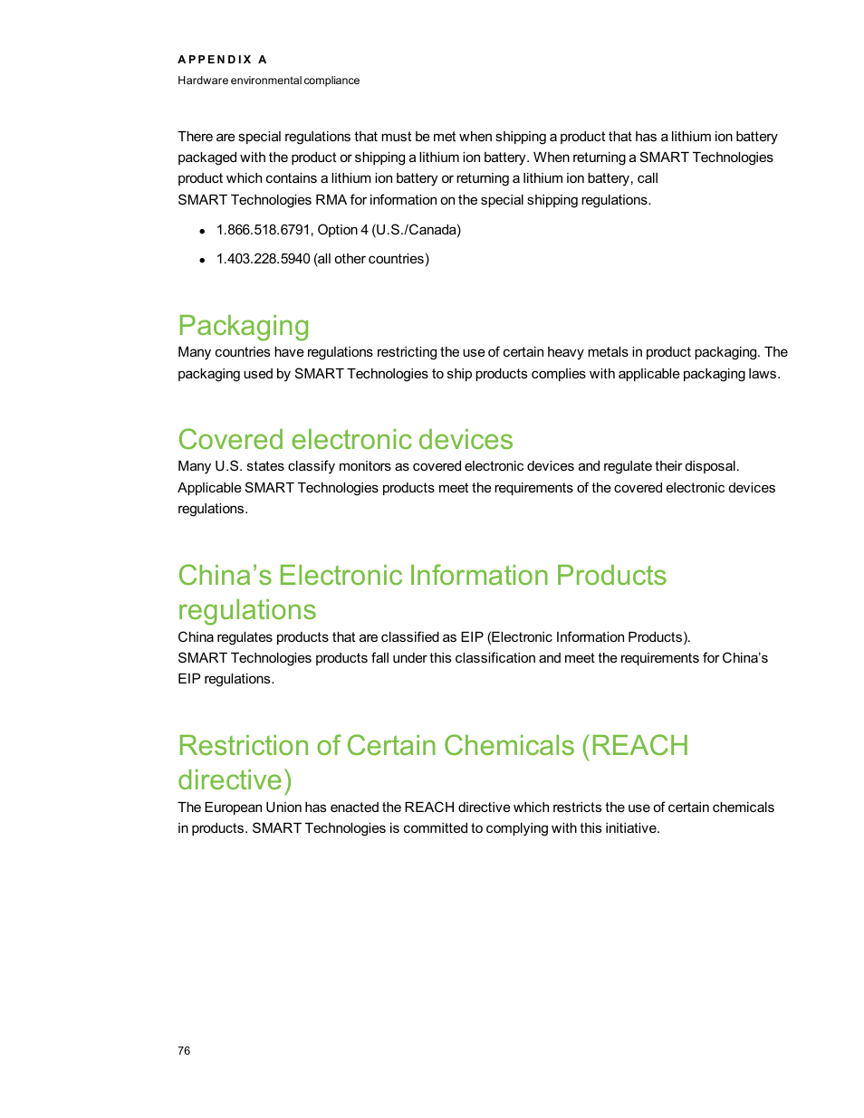 Packaging, Covered electronic devices, Restriction of certain chemicals (reach directive) | Smart Technologies LightRaise 40wi User Manual | Page 82 / 86