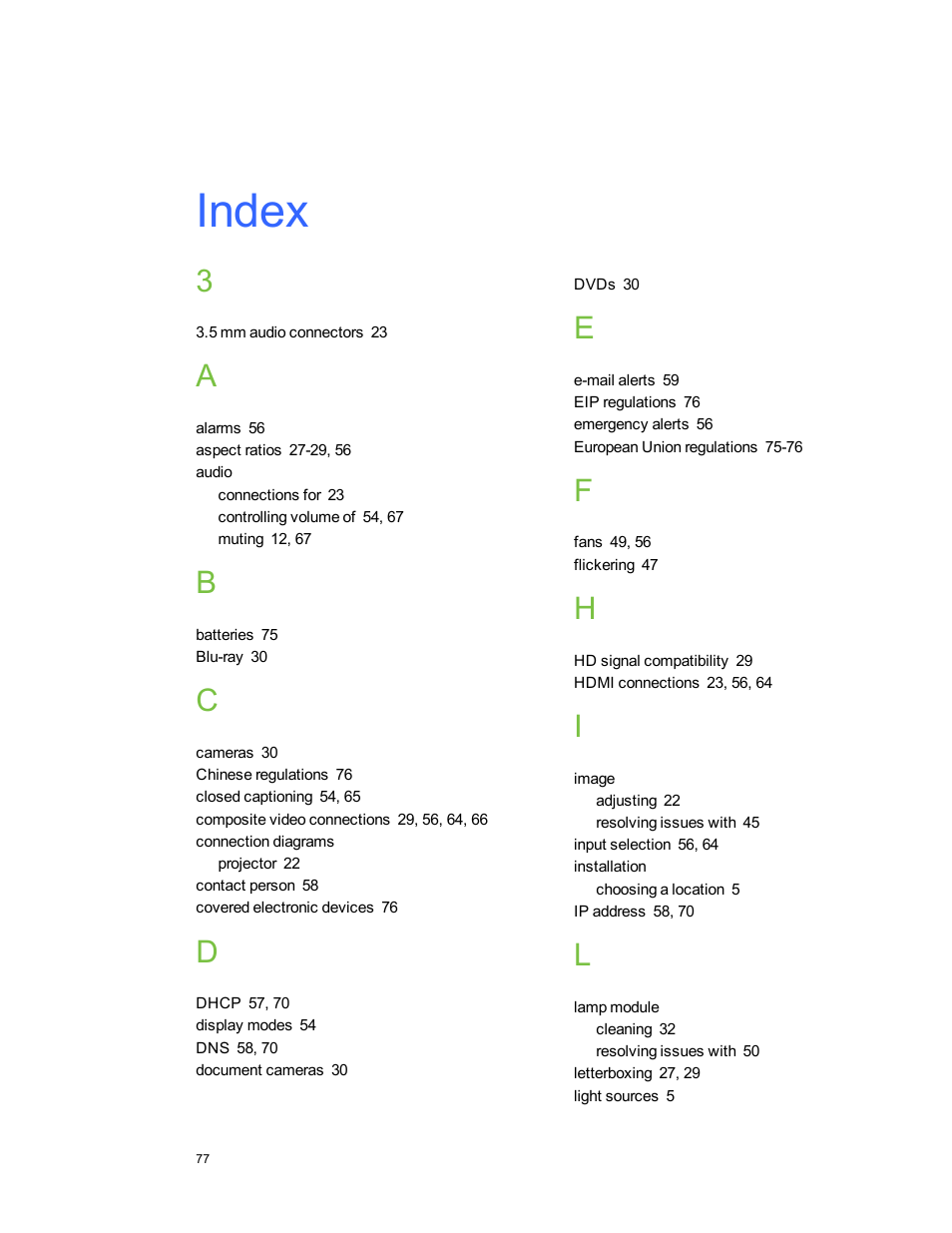 Index | Smart Technologies LightRaise 40wi User Manual | Page 83 / 86