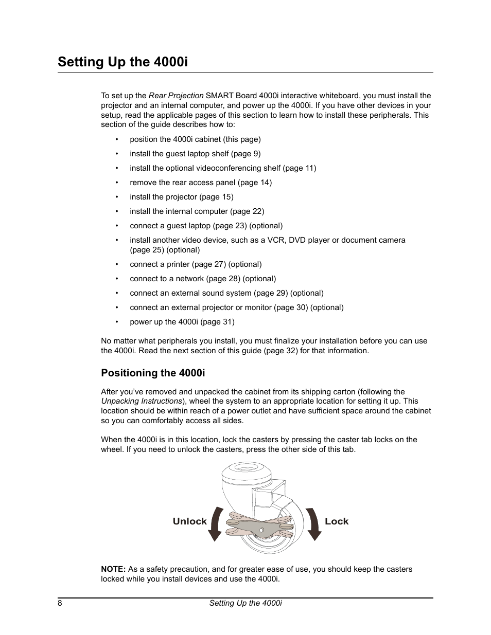 Setting up the 4000i, Positioning the 4000i | Smart Technologies SMART BOARD 4000I User Manual | Page 18 / 94