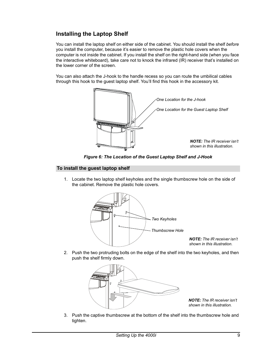 Installing the laptop shelf, The location of the guest laptop shelf and j-hook | Smart Technologies SMART BOARD 4000I User Manual | Page 19 / 94