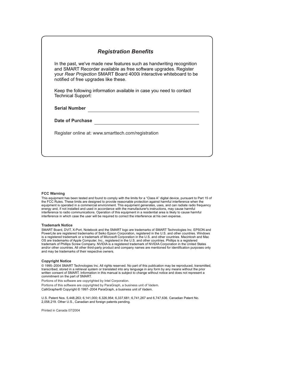 Registration benefits | Smart Technologies SMART BOARD 4000I User Manual | Page 2 / 94