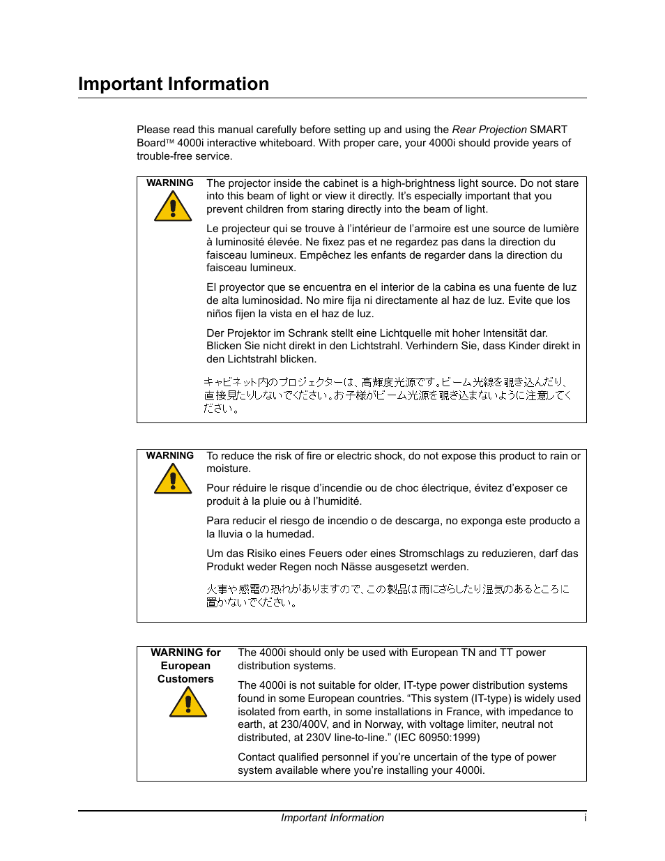 Important information | Smart Technologies SMART BOARD 4000I User Manual | Page 3 / 94