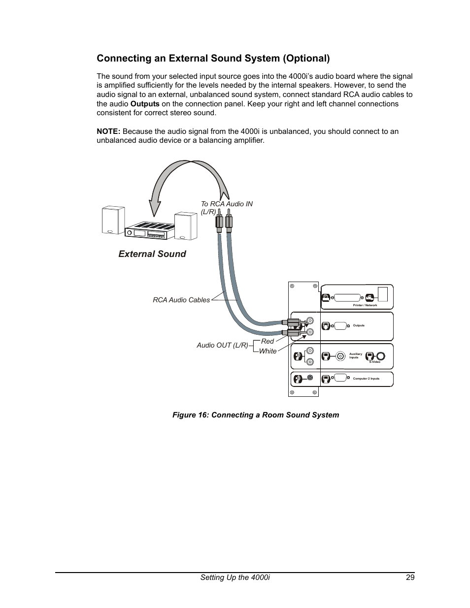 Connecting an external sound system (optional), Connecting a room sound system, External sound | Audio out (l/r) red white, Rca audio cables | Smart Technologies SMART BOARD 4000I User Manual | Page 39 / 94