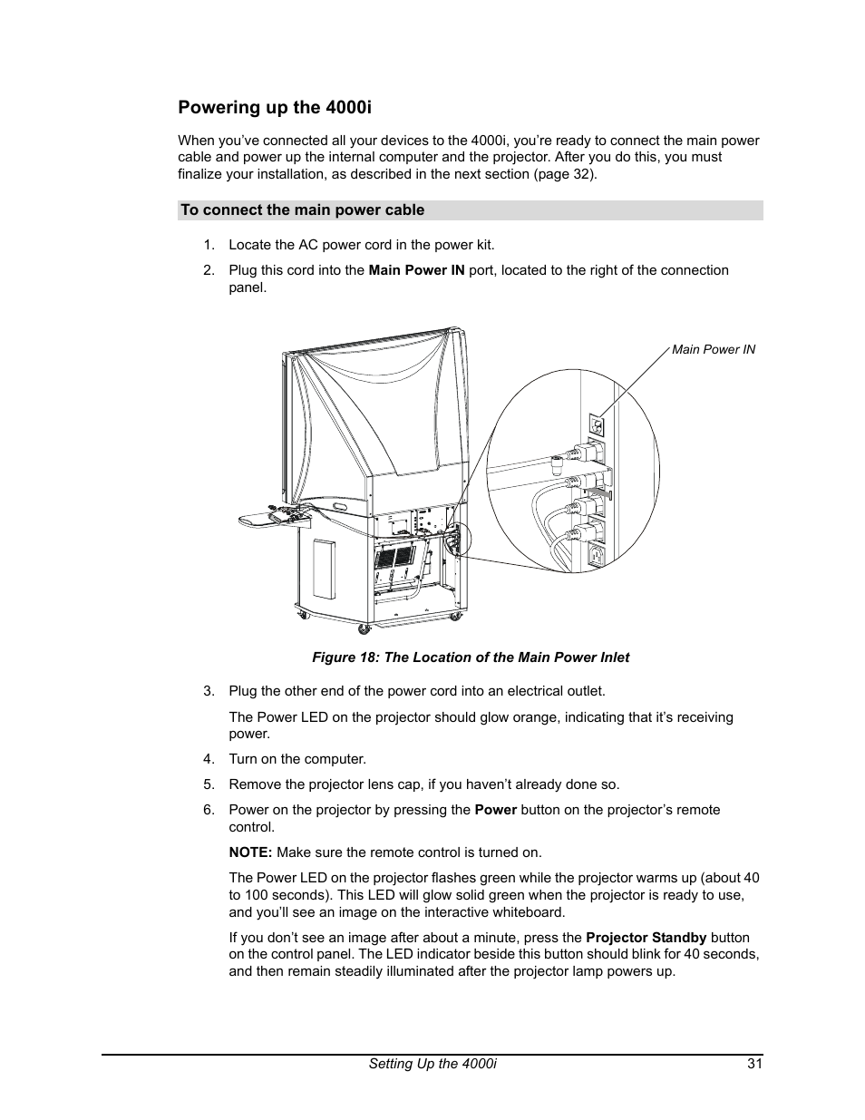 Powering up the 4000i, The location of the main power inlet | Smart Technologies SMART BOARD 4000I User Manual | Page 41 / 94