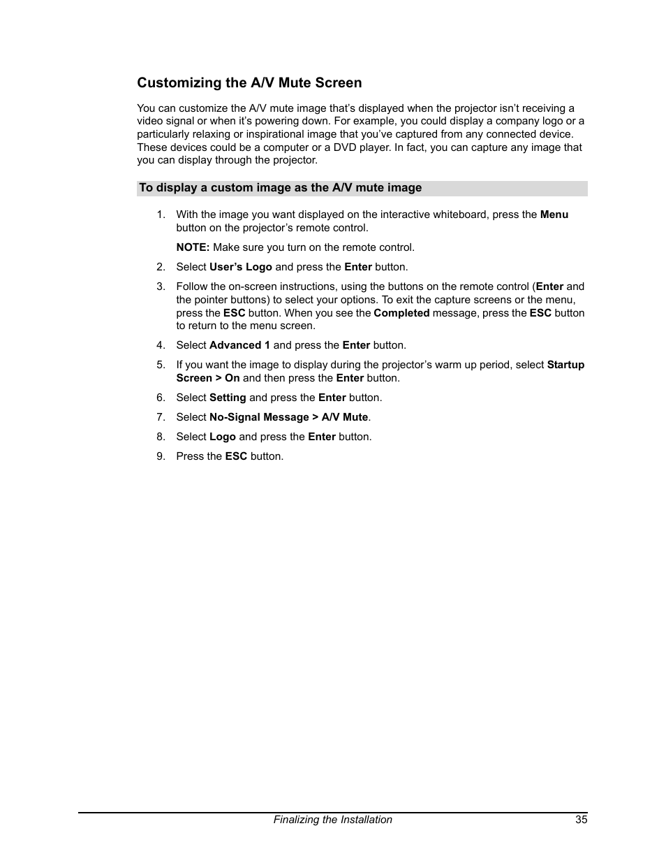 Customizing the a/v mute screen | Smart Technologies SMART BOARD 4000I User Manual | Page 45 / 94