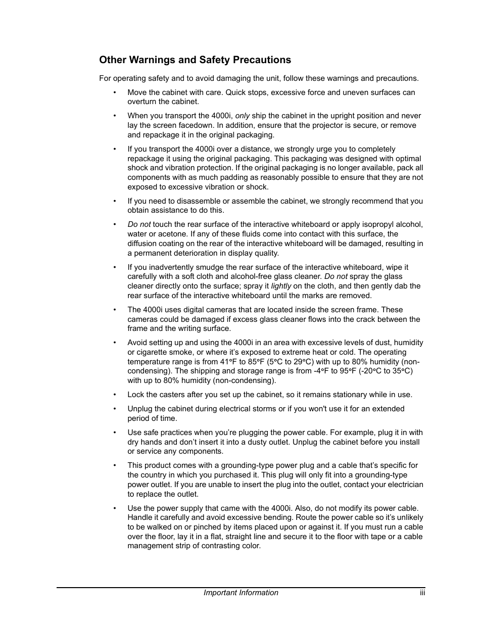 Other warnings and safety precautions | Smart Technologies SMART BOARD 4000I User Manual | Page 5 / 94