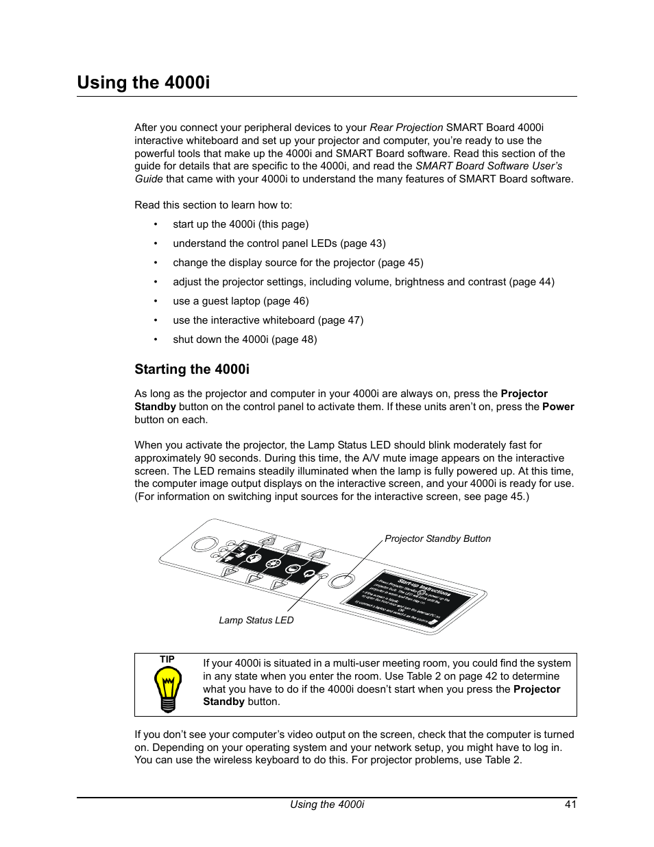 Using the 4000i, Starting the 4000i | Smart Technologies SMART BOARD 4000I User Manual | Page 51 / 94