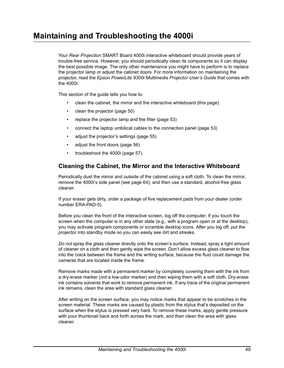 Maintaining and troubleshooting the 4000i | Smart Technologies SMART BOARD 4000I User Manual | Page 59 / 94