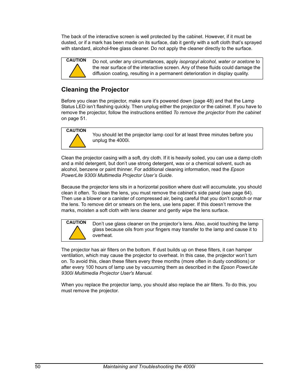 Cleaning the projector | Smart Technologies SMART BOARD 4000I User Manual | Page 60 / 94