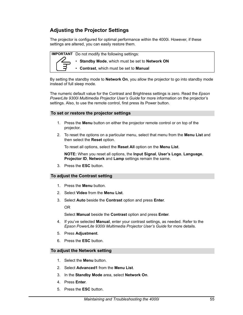 Adjusting the projector settings | Smart Technologies SMART BOARD 4000I User Manual | Page 65 / 94