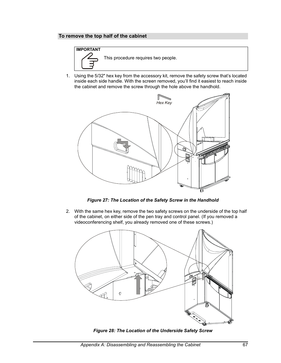 The location of the safety screw in the handhold, The location of the underside safety screw | Smart Technologies SMART BOARD 4000I User Manual | Page 77 / 94