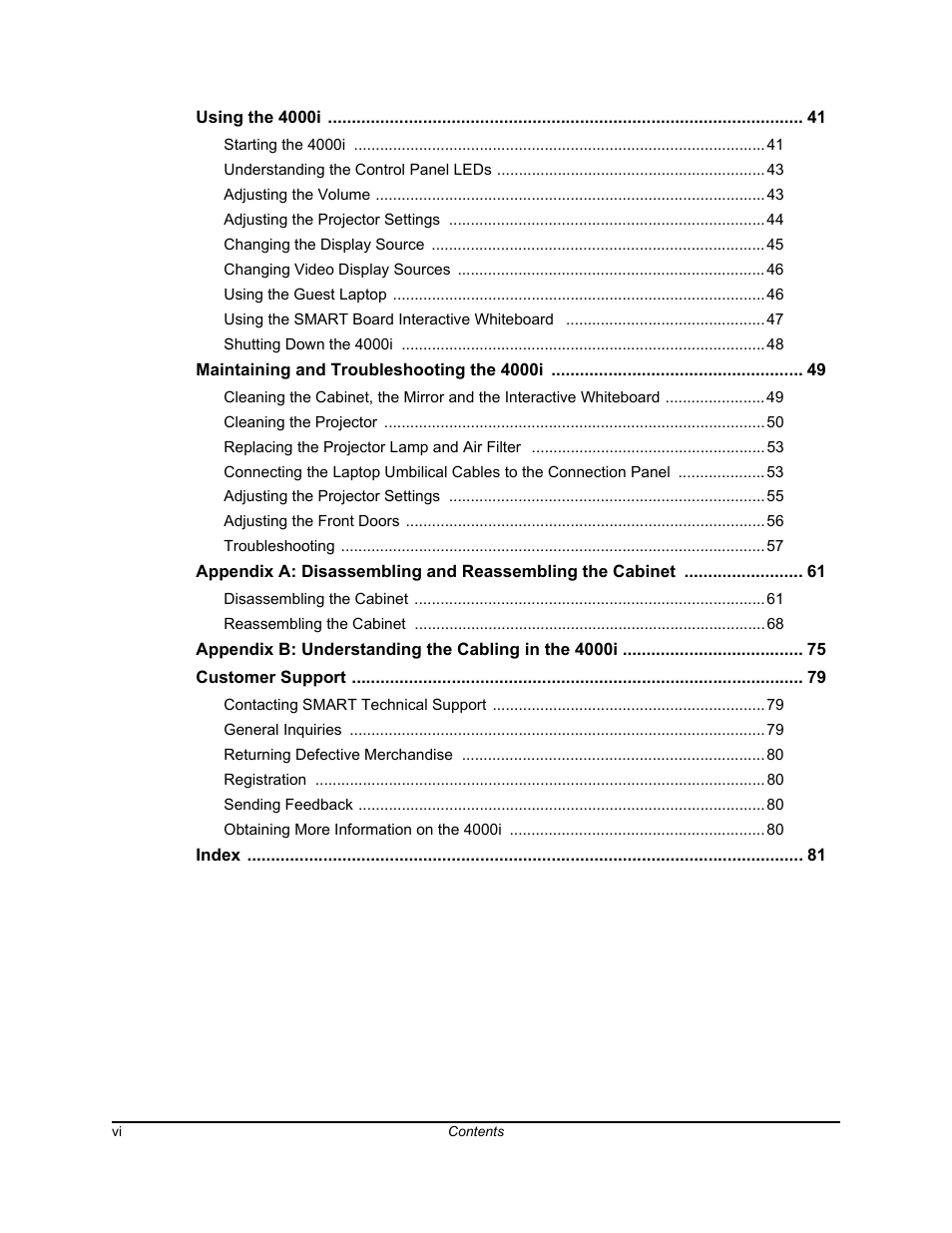 Using the 4000i 41, Maintaining and troubleshooting the 4000i 49, Customer support 79 | Index 81 | Smart Technologies SMART BOARD 4000I User Manual | Page 8 / 94