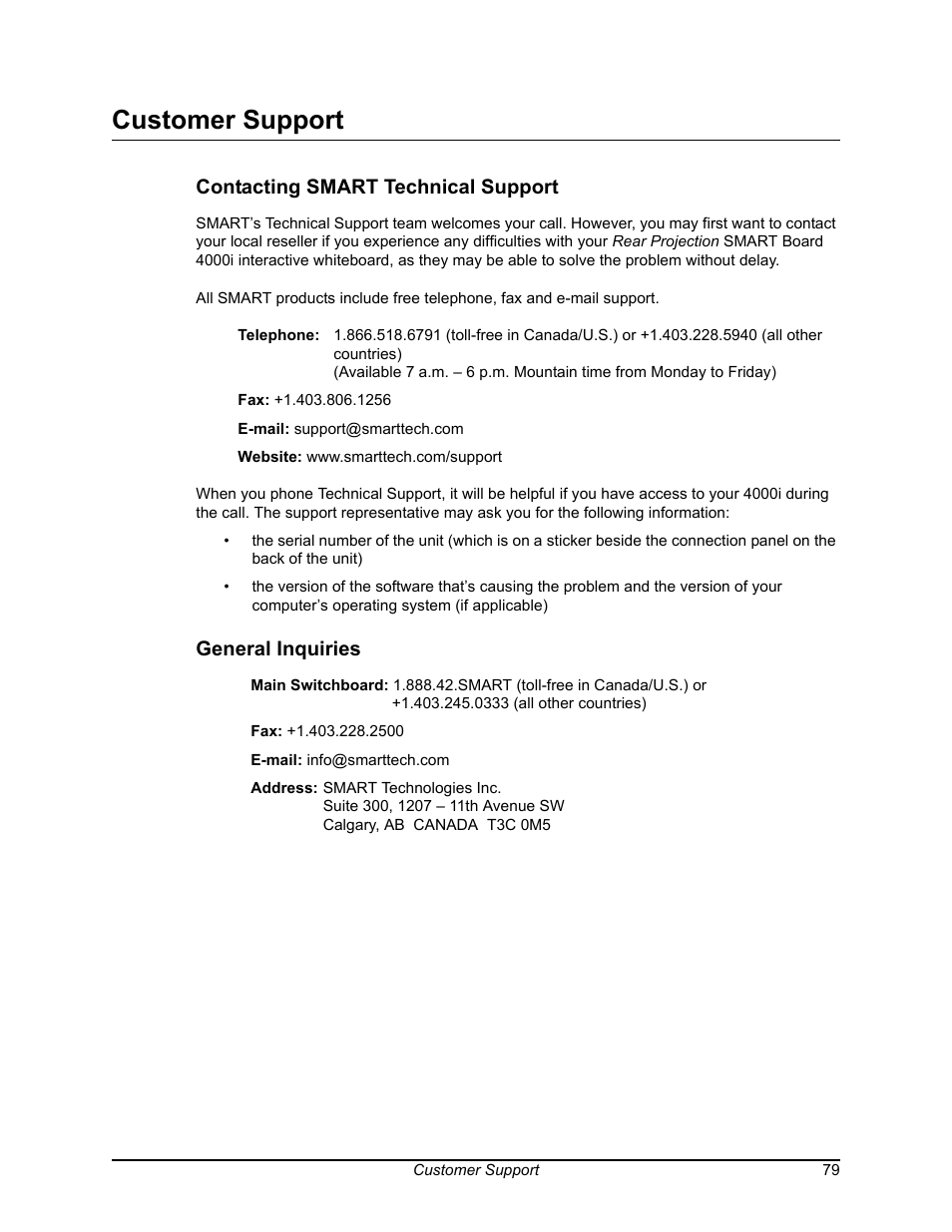 Customer support, Contacting smart technical support, General inquiries | Smart Technologies SMART BOARD 4000I User Manual | Page 89 / 94