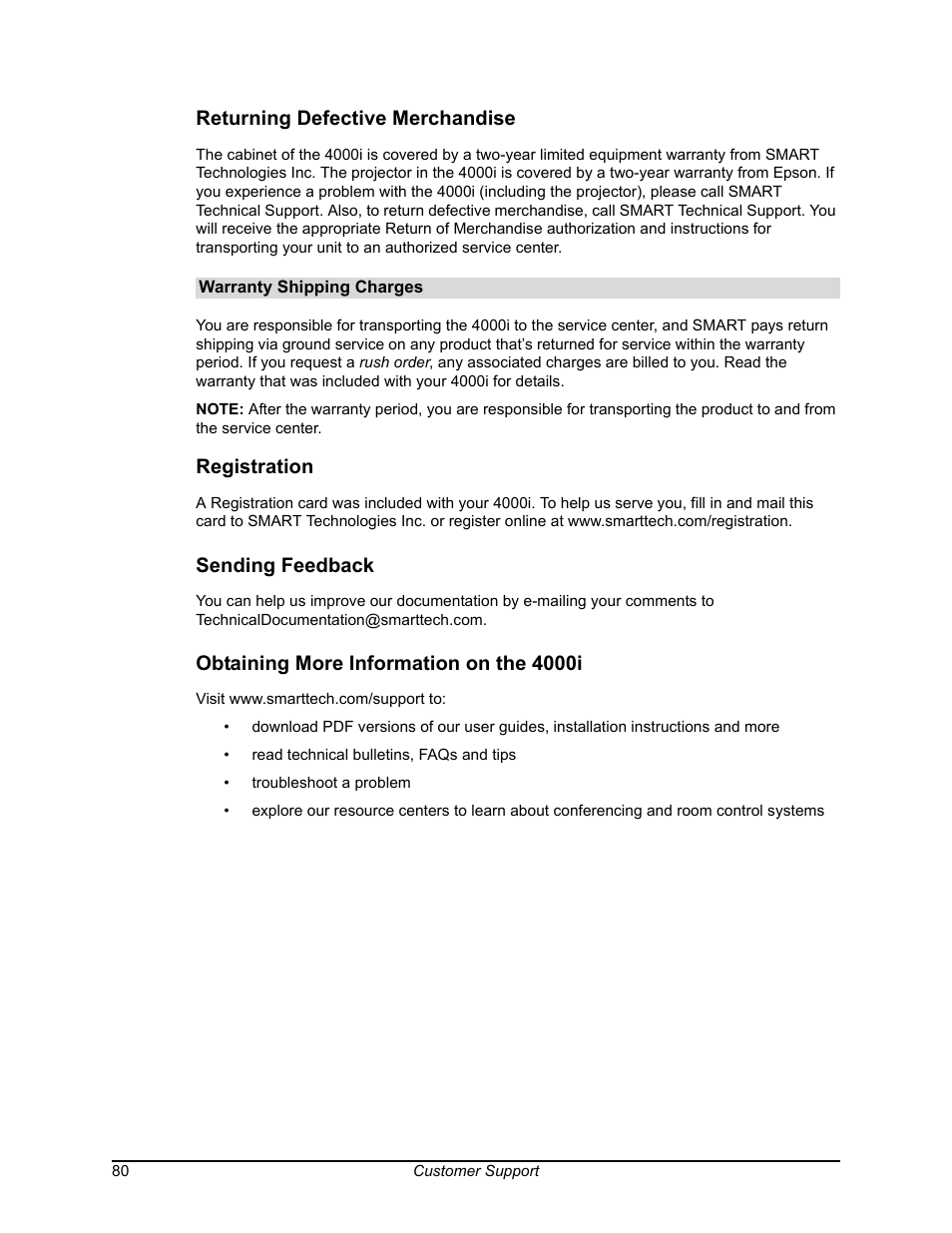 Returning defective merchandise, Registration, Sending feedback | Obtaining more information on the 4000i | Smart Technologies SMART BOARD 4000I User Manual | Page 90 / 94