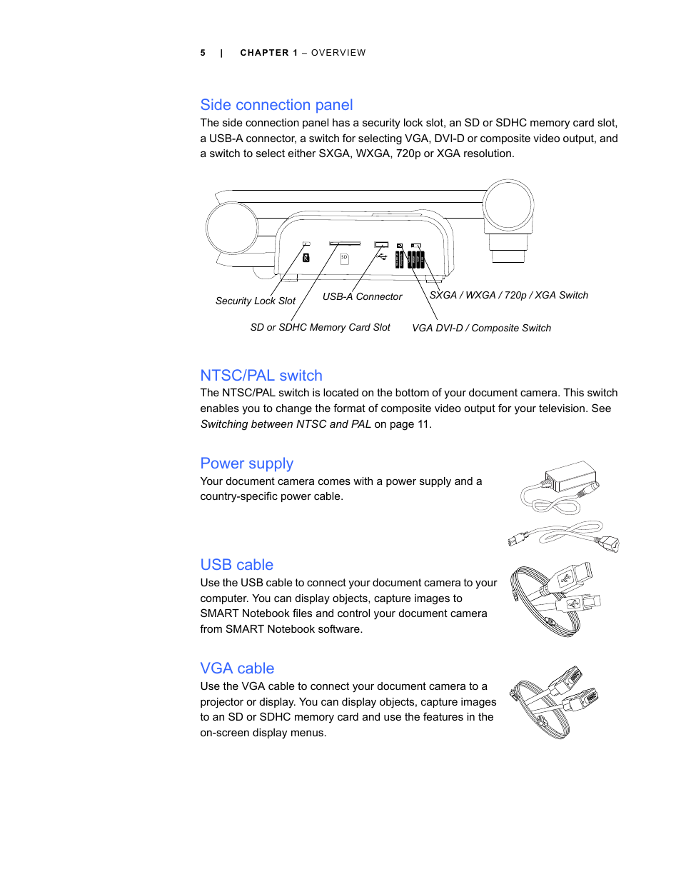 Side connection panel, Ntsc/pal switch, Power supply | Usb cable, Vga cable | Smart Technologies Smart Document Camera 330 User Manual | Page 11 / 58