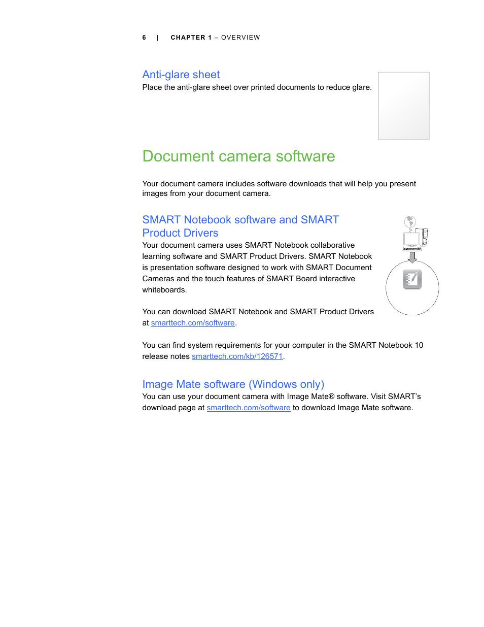Anti-glare sheet, Document camera software, Smart notebook software and smart product drivers | Image mate software (windows only) | Smart Technologies Smart Document Camera 330 User Manual | Page 12 / 58