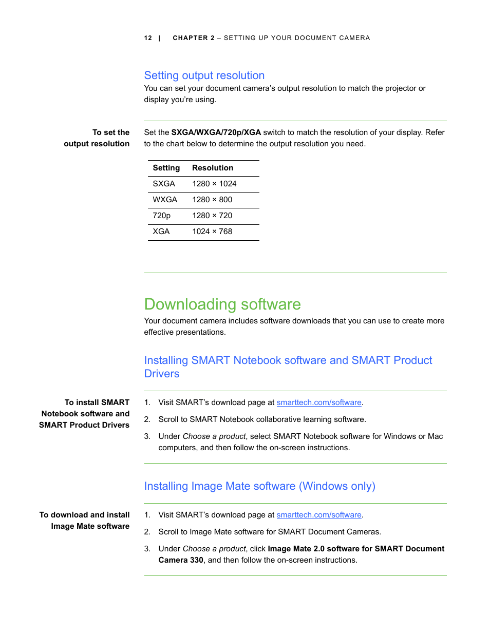 Setting output resolution, Downloading software, Installing image mate software (windows only) | Smart Technologies Smart Document Camera 330 User Manual | Page 18 / 58