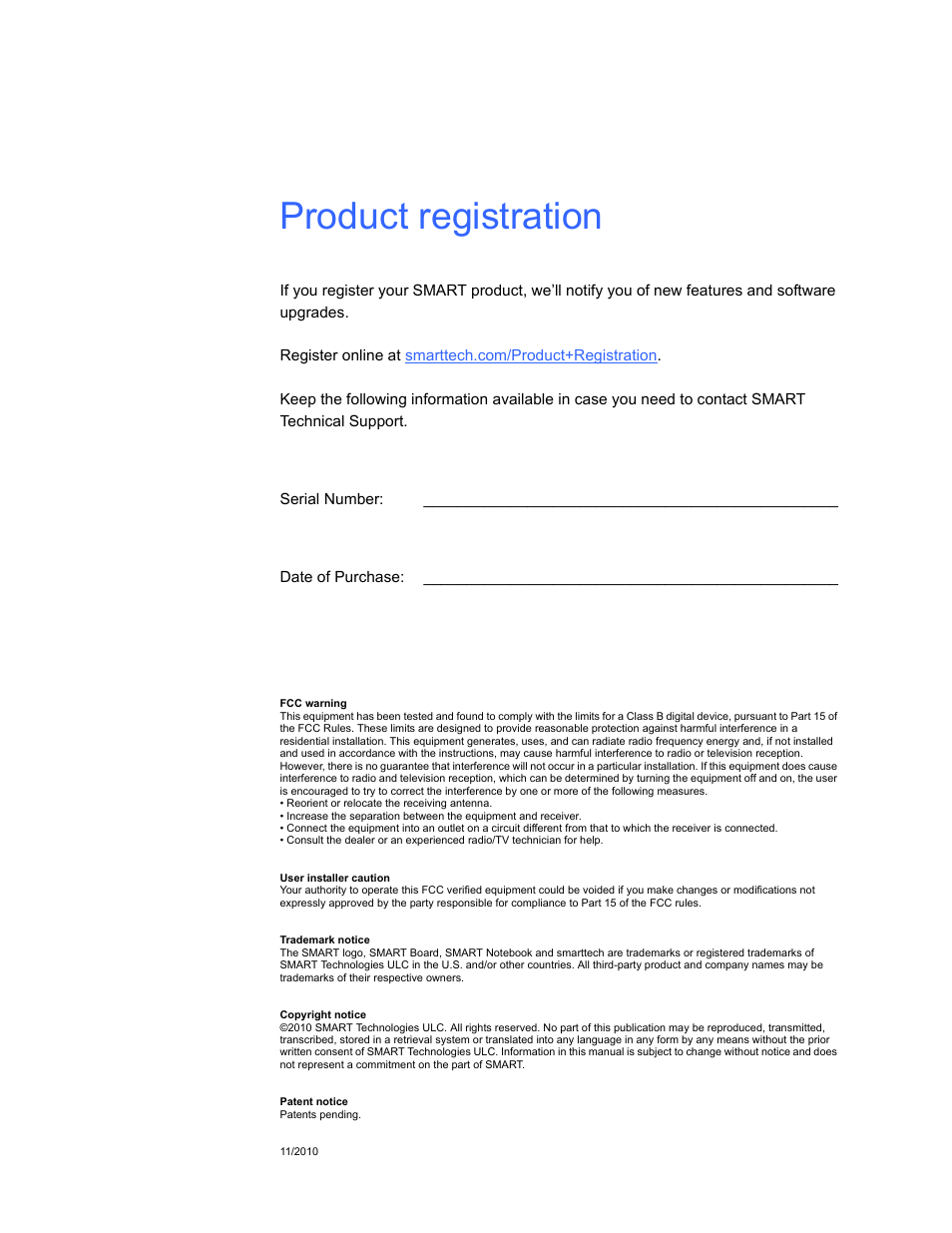 Product registration | Smart Technologies Smart Document Camera 330 User Manual | Page 2 / 58