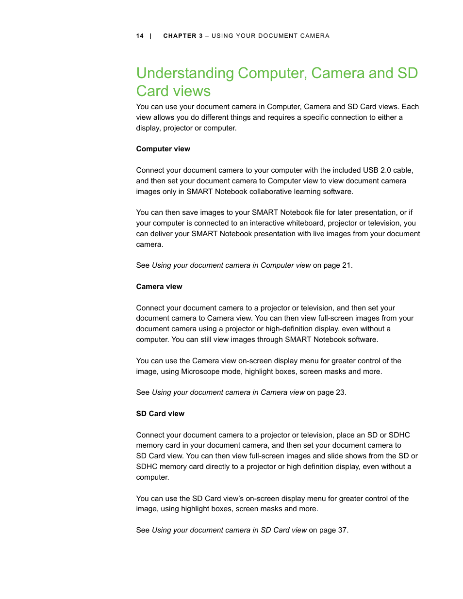 Understanding computer, camera and sd card views, Computer view, Camera view | Sd card view | Smart Technologies Smart Document Camera 330 User Manual | Page 20 / 58