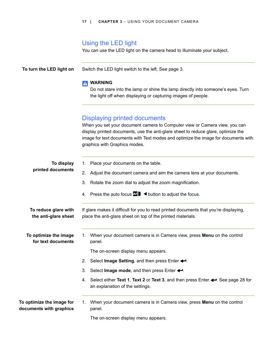Using the led light, Displaying printed documents | Smart Technologies Smart Document Camera 330 User Manual | Page 23 / 58