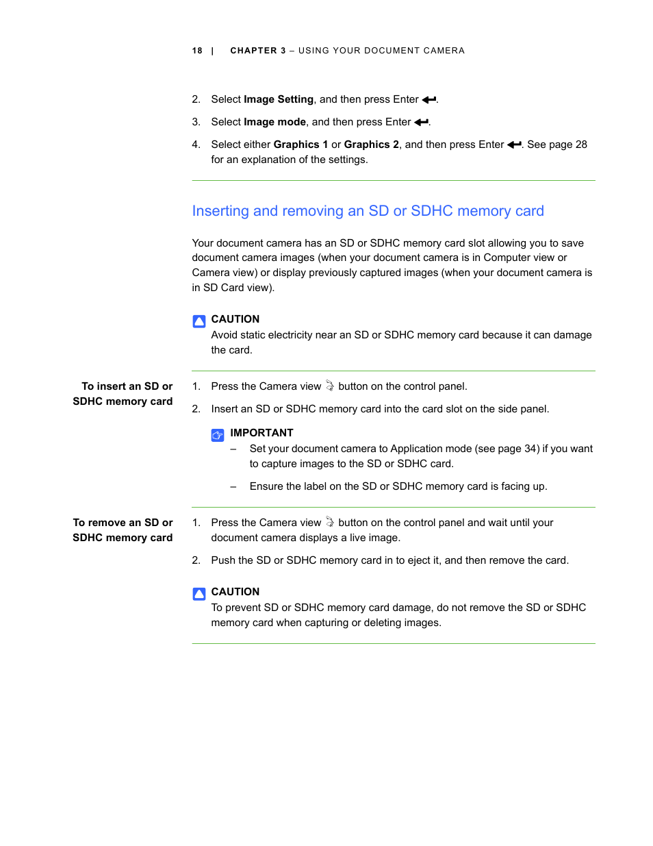 Inserting and removing an sd or sdhc memory card | Smart Technologies Smart Document Camera 330 User Manual | Page 24 / 58