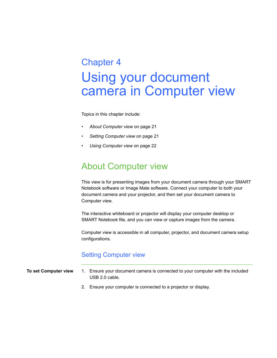 Using your document camera in computer view, About computer view, Setting computer view | Chapter 4 | Smart Technologies Smart Document Camera 330 User Manual | Page 27 / 58