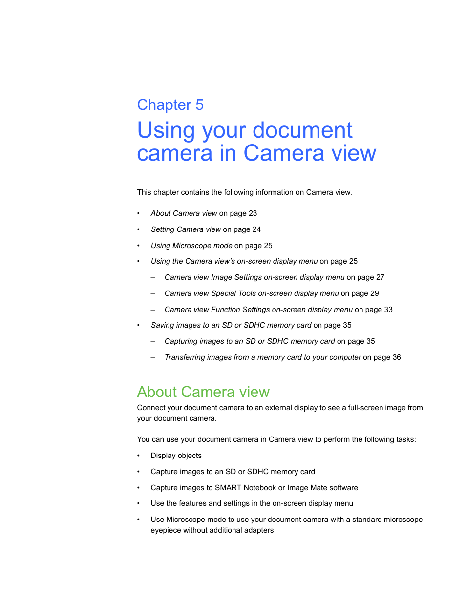 Using your document camera in camera view, About camera view, Chapter 5 | Smart Technologies Smart Document Camera 330 User Manual | Page 29 / 58