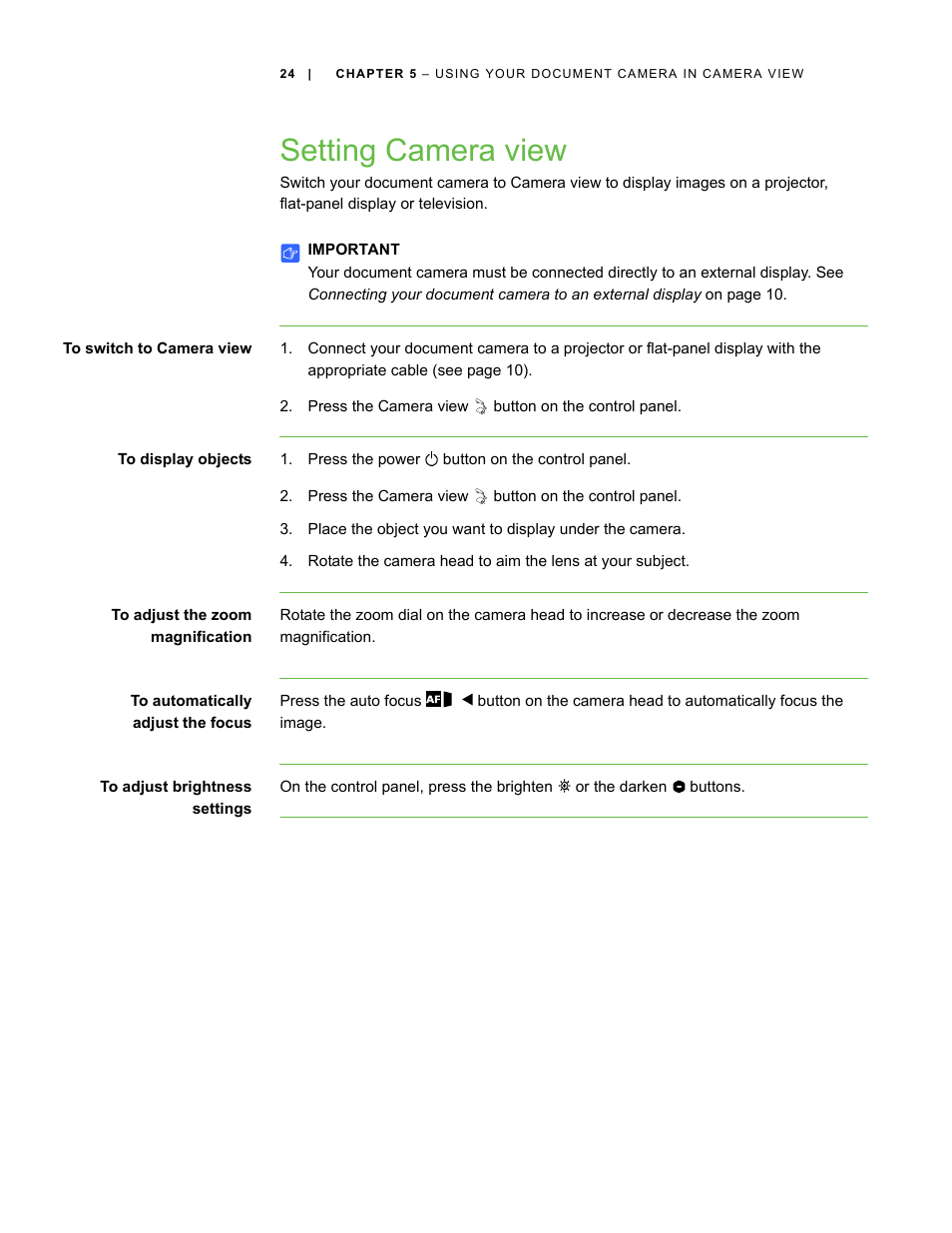 Setting camera view | Smart Technologies Smart Document Camera 330 User Manual | Page 30 / 58