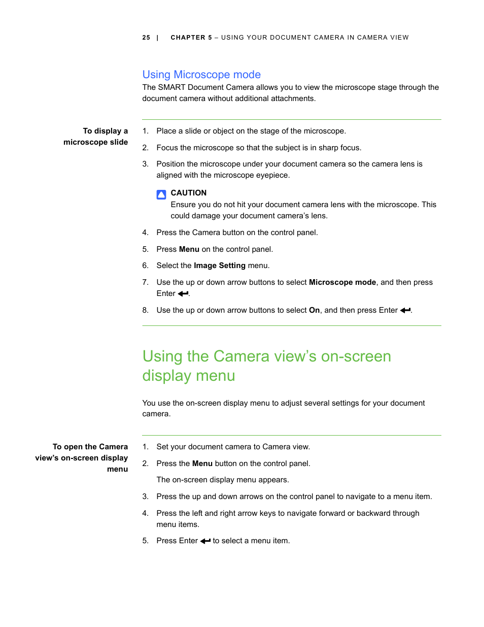 Using microscope mode, Using the camera view’s on-screen display menu | Smart Technologies Smart Document Camera 330 User Manual | Page 31 / 58