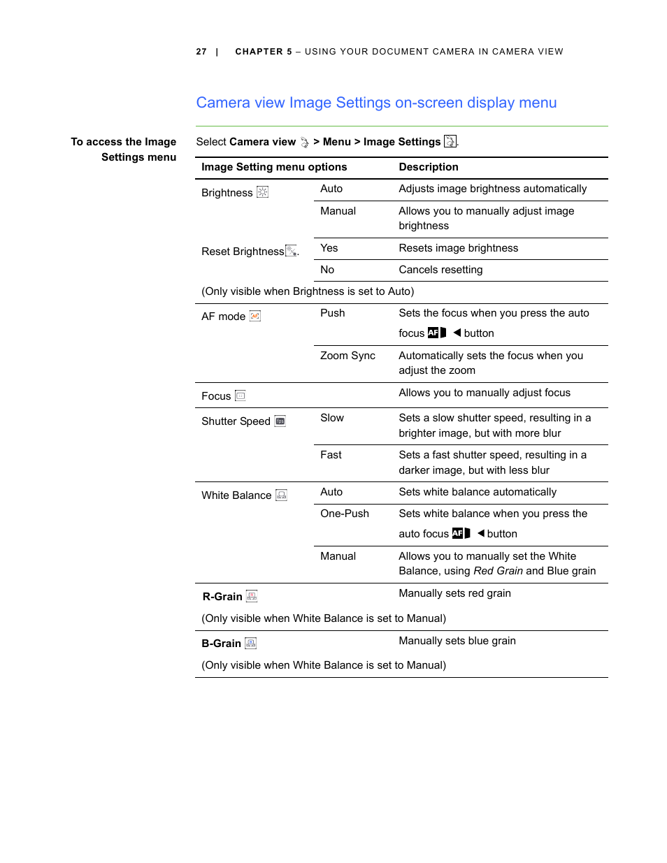 Camera view image settings on-screen display menu | Smart Technologies Smart Document Camera 330 User Manual | Page 33 / 58