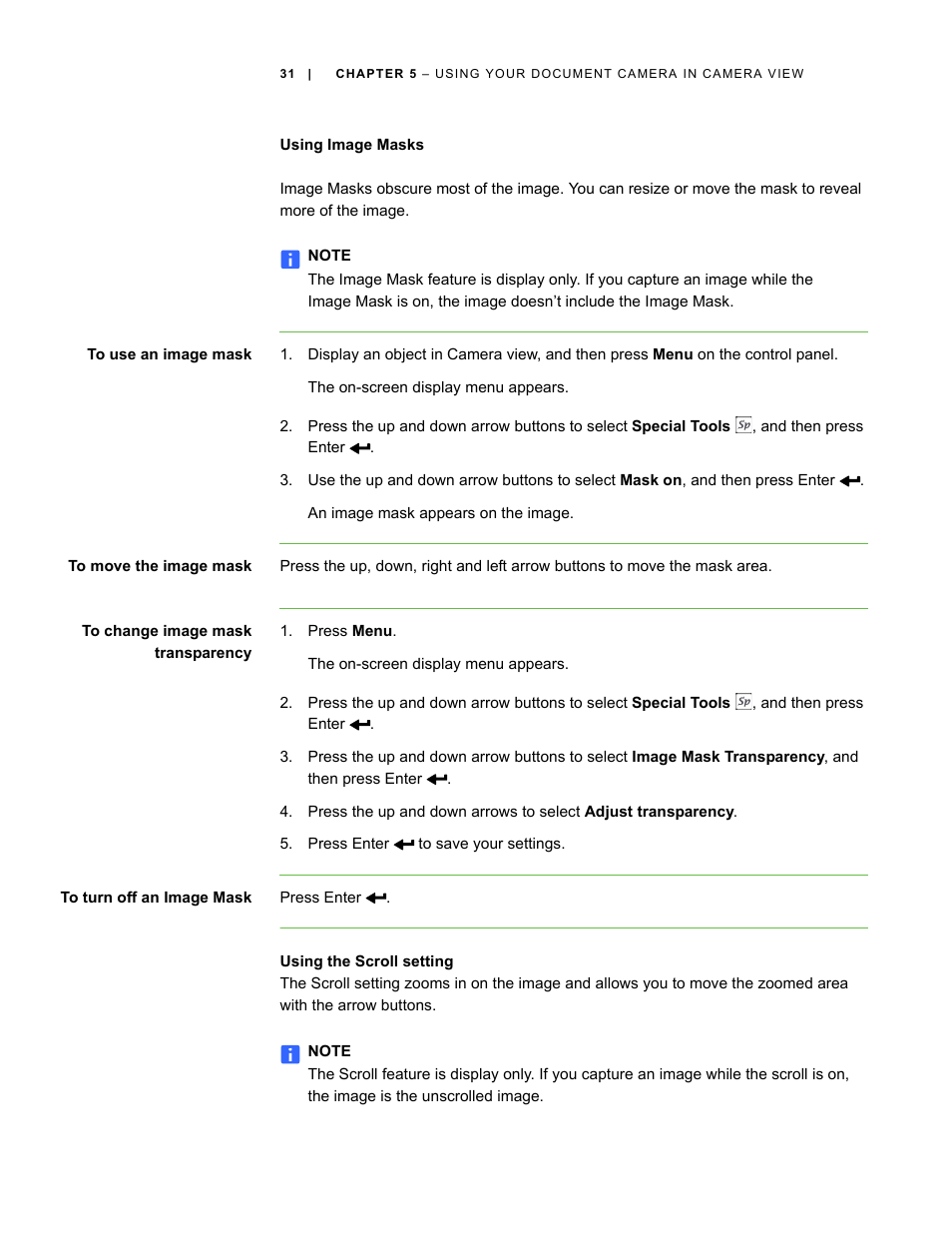 Using image masks, Using the scroll setting | Smart Technologies Smart Document Camera 330 User Manual | Page 37 / 58