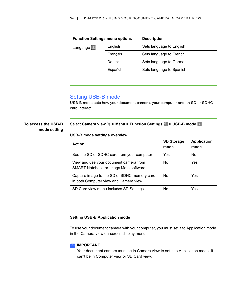 Setting usb-b mode, Usb-b mode settings overview, Setting usb-b application mode | Smart Technologies Smart Document Camera 330 User Manual | Page 40 / 58