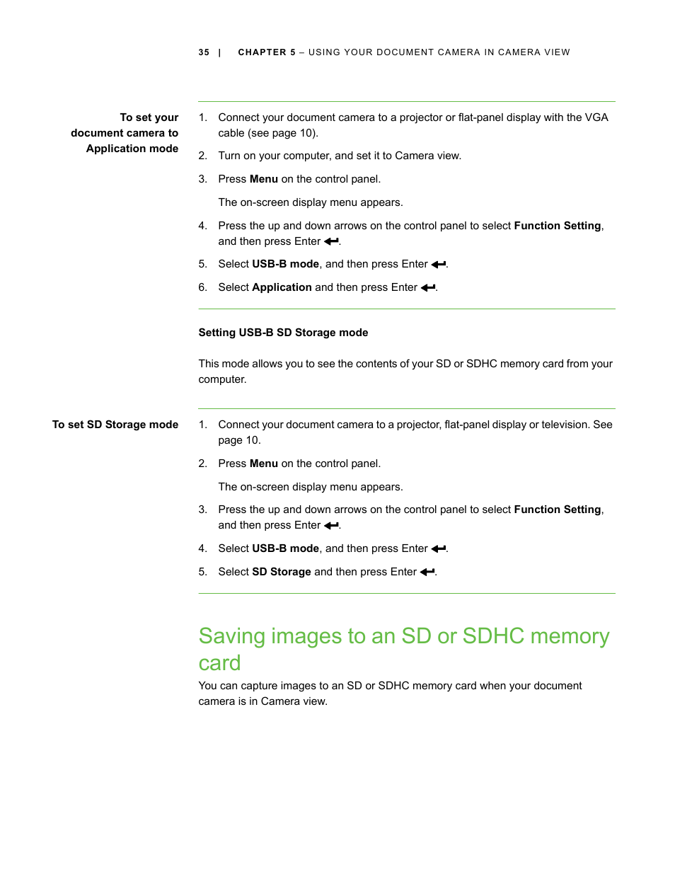 Setting usb-b sd storage mode, Saving images to an sd or sdhc memory card | Smart Technologies Smart Document Camera 330 User Manual | Page 41 / 58