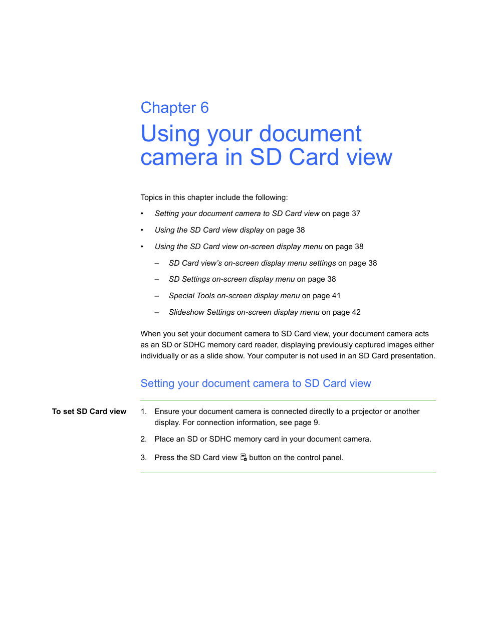 Using your document camera in sd card view, Setting your document camera to sd card view, Chapter 6 | Smart Technologies Smart Document Camera 330 User Manual | Page 43 / 58