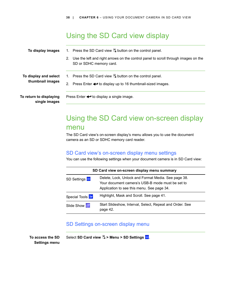 Using the sd card view display, Using the sd card view on-screen display menu, Sd card view’s on-screen display menu settings | Sd settings on-screen display menu | Smart Technologies Smart Document Camera 330 User Manual | Page 44 / 58