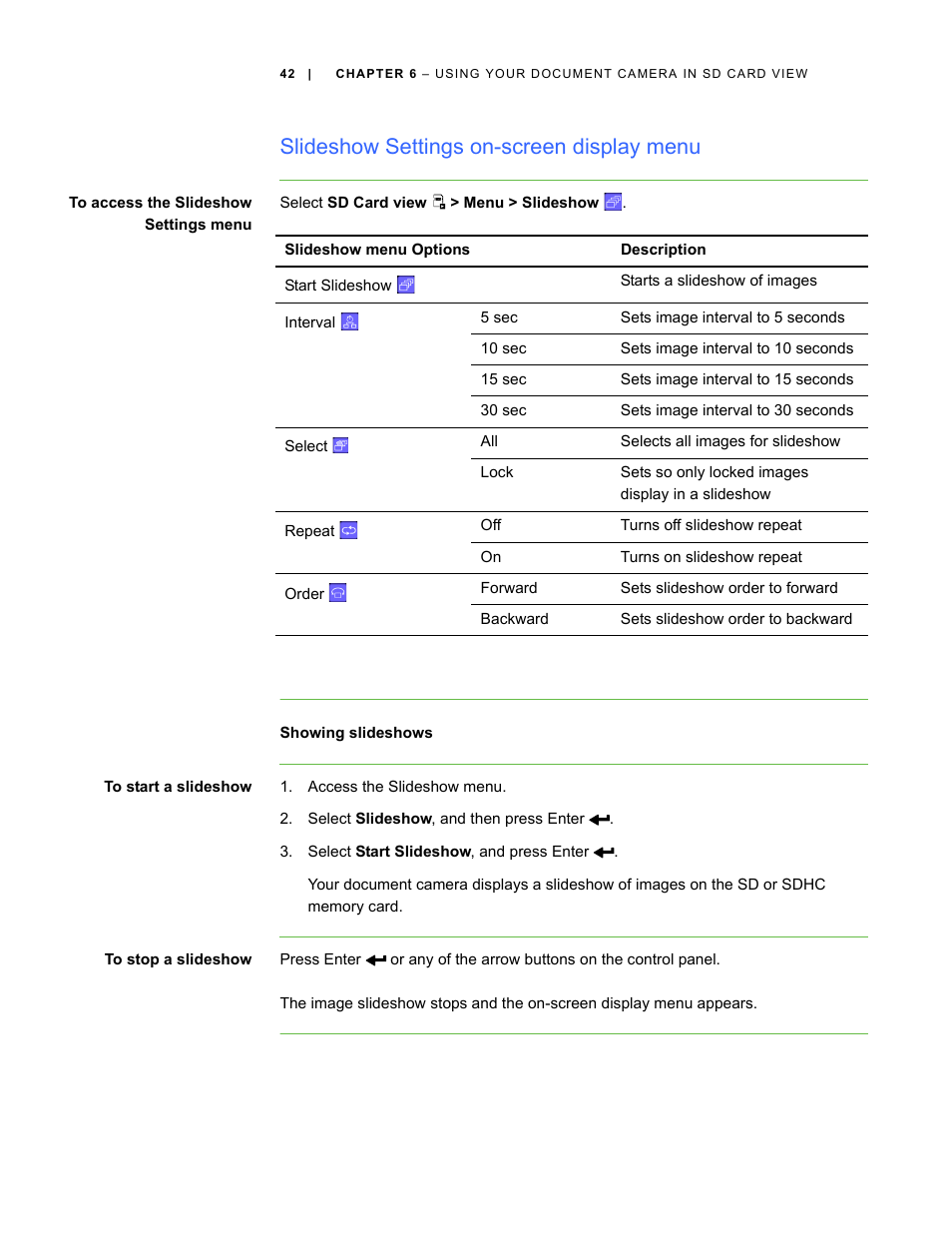 Slideshow settings on-screen display menu, Showing slideshows | Smart Technologies Smart Document Camera 330 User Manual | Page 48 / 58