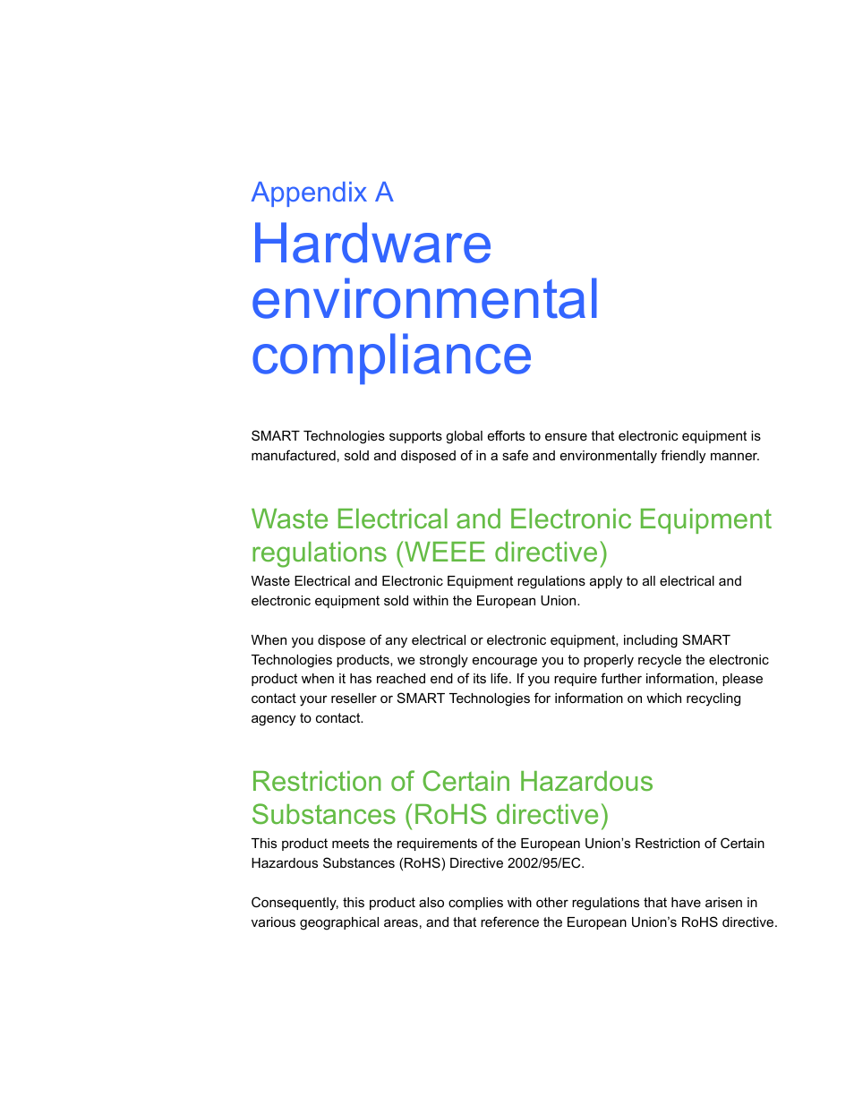 Hardware environmental compliance, A hardware environmental compliance | Smart Technologies Smart Document Camera 330 User Manual | Page 53 / 58