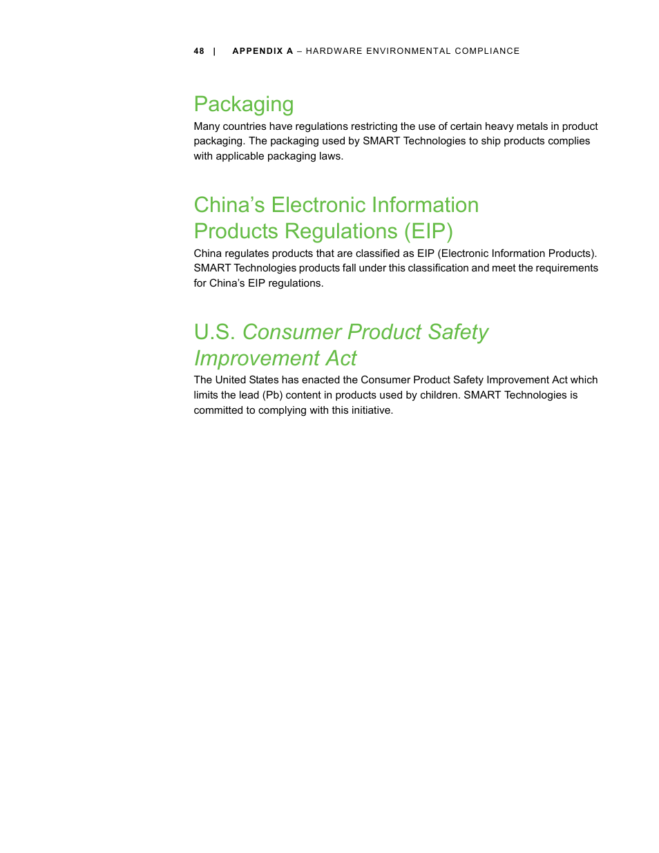 Packaging, U.s. consumer product safety improvement act | Smart Technologies Smart Document Camera 330 User Manual | Page 54 / 58