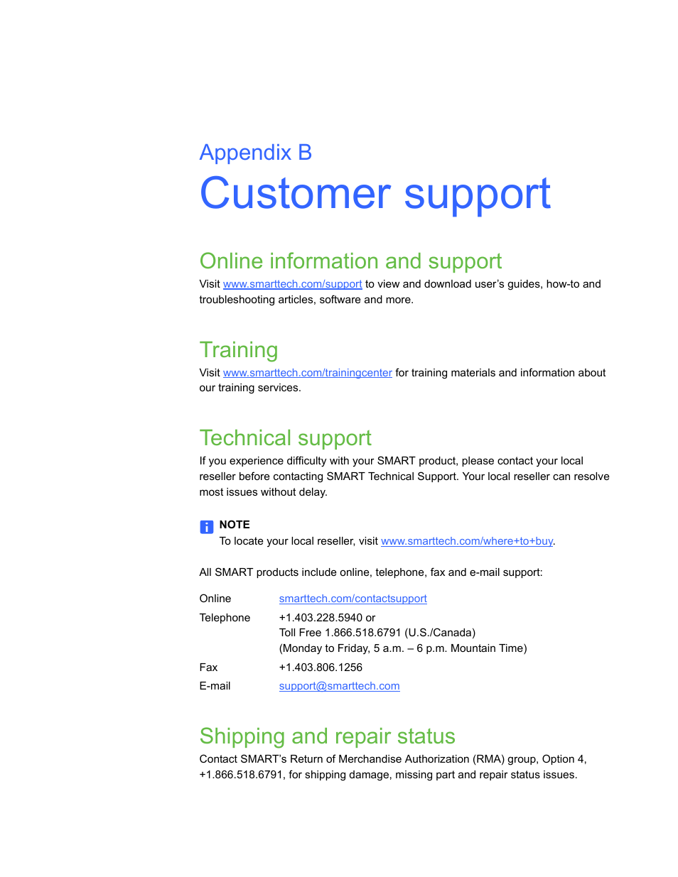 Customer support, Online information and support, Training | Technical support, Shipping and repair status, B customer support, Appendix b | Smart Technologies Smart Document Camera 330 User Manual | Page 55 / 58