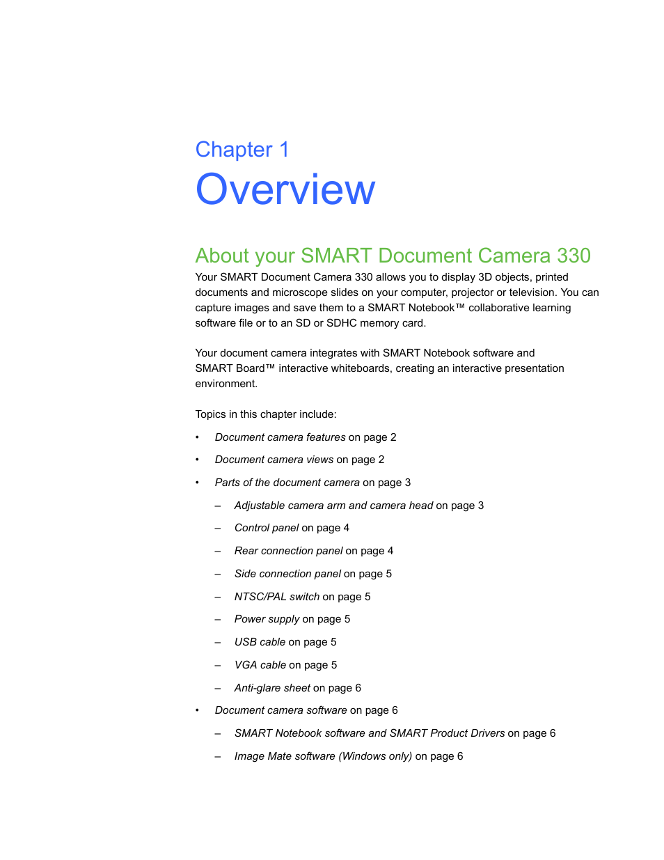 Overview, About your smart document camera 330, Chapter 1 | Smart Technologies Smart Document Camera 330 User Manual | Page 7 / 58